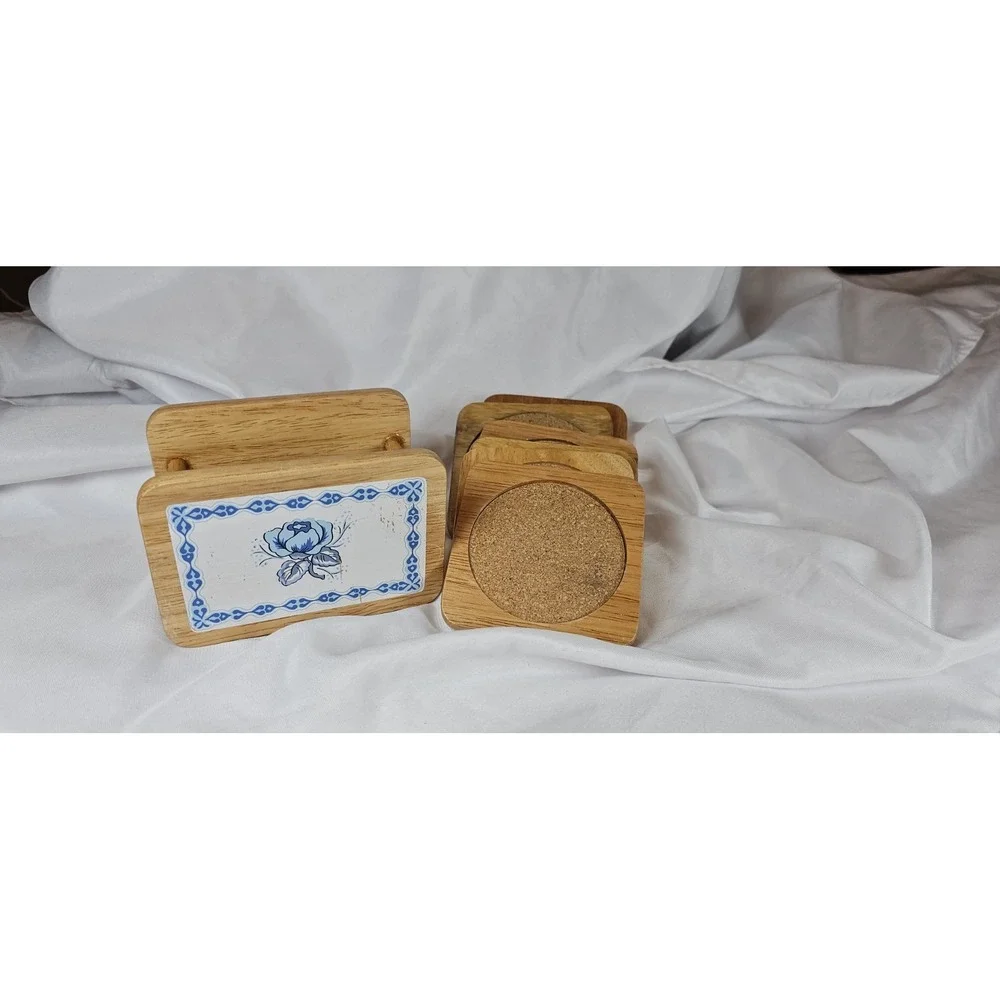 Vintage Ceramic Square wood Vintage Blue Flower Coasters - Set of 6‎ With Box